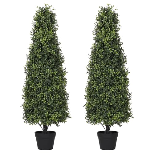 4ft Artificial Boxwood Topiary Trees (Set of 2) - UV Resistant Faux Plants Outdoor, Realistic 48in Fake Potted Bushes and Shrubs for Front Porch, Plan