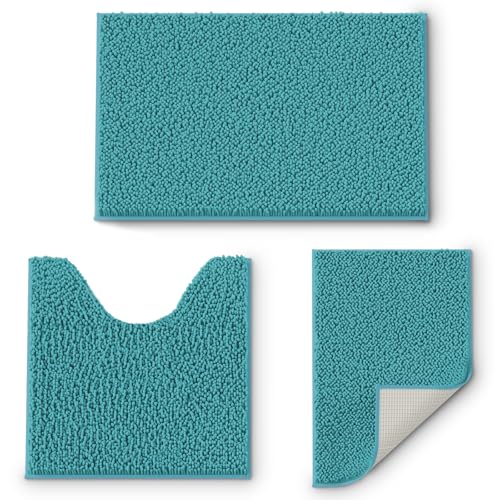 Bathroom Rug Mat Set 3 Piece, Chenille Bath Mat Set, Non-Slip Ultra Soft Carpet Mats, Absorbent with U-Shaped Toilet for Bathroom, Tub, Shower, Teal B