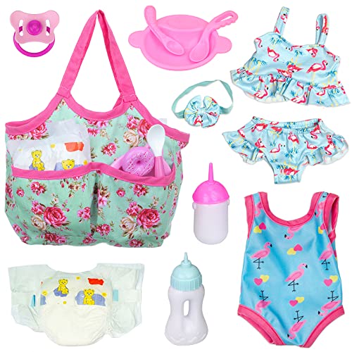 ZITA ELEMENT 8 Pcs Baby Doll Clothes and Accessories, Baby Doll Feeding and Caring Set with Diaper Bag, Clothes, Diapers, Bottles, Pacifier, Swimsuits