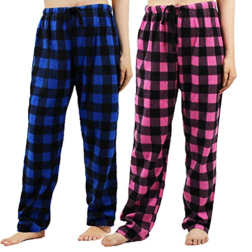 LANBAOSI Christmas Pajama Pants for Women Fuzzy Pack Long Fleece Buffalo Plaid Pj Bottoms Soft Drawstring Lounge Sleepwear Blue-Pink Small