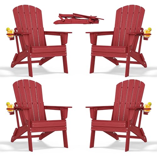 Folding Adirondack Chair with Cup Holder Set of 4, HDPE All-Weather Patio Chairs, Plastic Outdoor Chairs- Looks Exactly Like Real Wood- Red Red 4 PCS