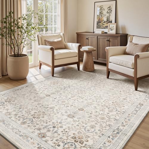 MontVoo-Vintage Area Rug 4X6 Beige Rugs for Living Room-Soft Distressed Printed Rugs for Bedroom-Non Slip Carpet-Machine Washable Rug for Dining Room