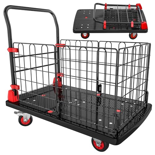 YITAHOME Platform Truck Cart with Cage, 42 x 26 in 1000LBS Capacity Folding Cart with Wheels,Heavy Duty Hand Moving Cart,Foldable Dolly Cart with Bask