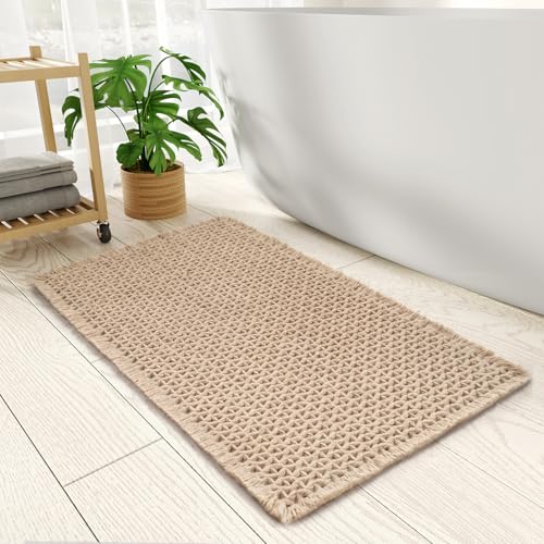 Checkered Bath Mat, Super Absorbent Non Slip Bath Mats for Bathroom Floor 3D Woven Bathroom Mat with Tassels Machine Washable Bathroom Rugs Beside Tub