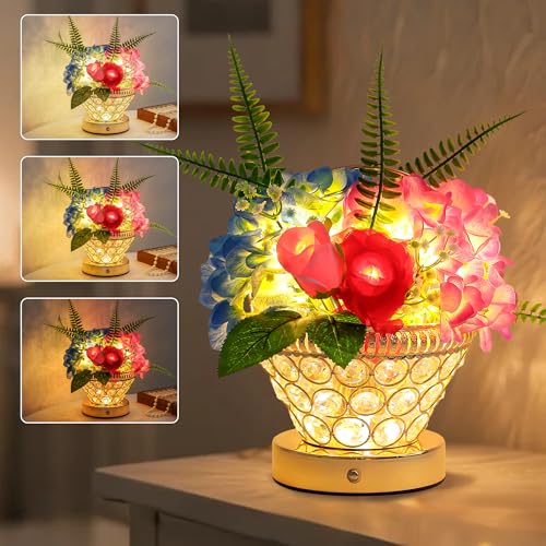 Birthday Gifts for Women, Gift Basket for Mom Blue & Pink Hydrangea Rose Cordless Table Lamp, 3 Color Crystal Lamps Touch Bedside Lamps with USB Charg
