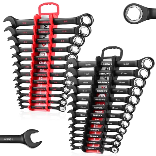 ARROW 24PCS Ratcheting Wrench Set Metric and Standard, Anti-Slip 6-18mm & 1-4"-3-4" Combination Ratchet Wrench Set with 2 Magnetic Tool Holders, CRV M