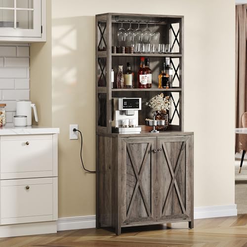 YITAHOME 67" Tall Bar Wine Cooler for Liquor and Glasses, Farmhouse Storage Cabinet w-Wine Rack, Open Storage Shelves, Buffet Kitchen Cabinet with Woo