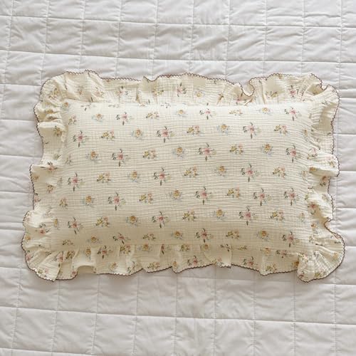BuLuTu Double Layers Muslin Cotton Pillowcase King Size Vintage Floral Print Pillow Case Teens Girls Women Ruffled Pillow Cover, Envelope Closure, 20x