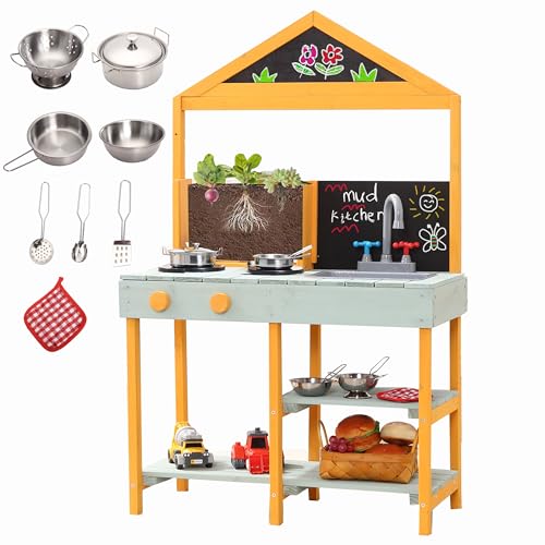 Garvee Mud Kitchen,Wood Outdoor Play Kitchen Set for Toddlers, Transparent Root Viewer Planter with Realistic Faucet & Sink, Stoves, Chalkboard, Stora