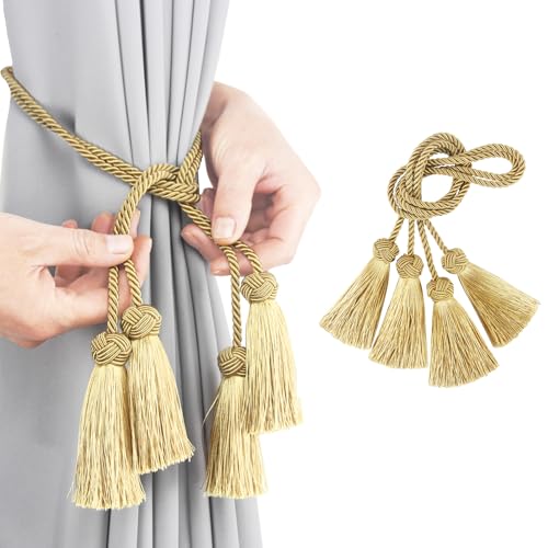 Elegant Curtain Tiebacks Rope Decorative Curtain Tie Backs for Drapes Hand Woven Window Treatment Holdbacks with Tassel, Gold 2pack