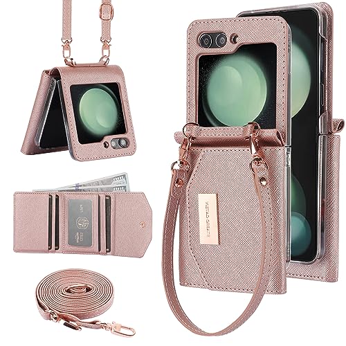 for Samsung Galaxy Z Flip 5 Wallet Case with Built-in Leather Cash Slot and Credit Card Holder. Wristlet Strap and Hinge Protection, Carrying Handbag