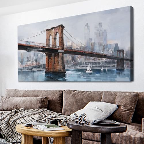 Ardemy Brooklyn Bridge Canvas Wall Art Abstract Skyline New York City Painting Prints, Modern Brooklyn Bridge Colorful NYC Picture Framed for Bedroom