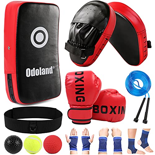 Odoland Boxing Gloves and Punching Mitts Set for Kids, Boxing Mitts Focus Pads, Kids Boxing Gloves and Protect Sleeves, Reflex Balls Kit and Jumping R