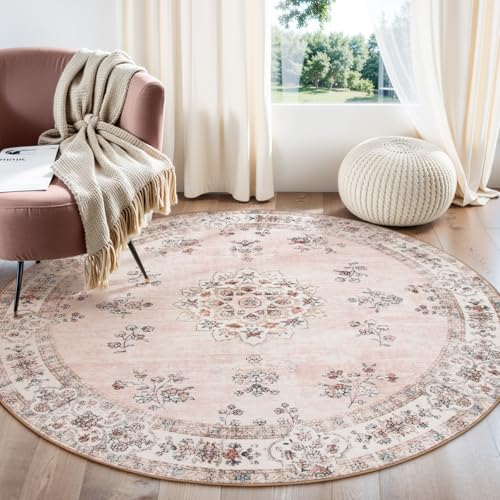 Lahome Washable Pink Round Rug 8ft, Soft Europe Vintage 8x8 Circle Rug for Nursery Girls Bedroom,Non-Slip Floral Pastel Circular Carpet for Dining Roo