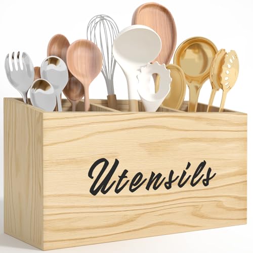 Wooden Kitchen Utensil Holder, Flatware Utensil Caddy with 3 Compartments, Utensil Caddy for Parties, Storage Organizer Box for Kitchen Counter & Silv