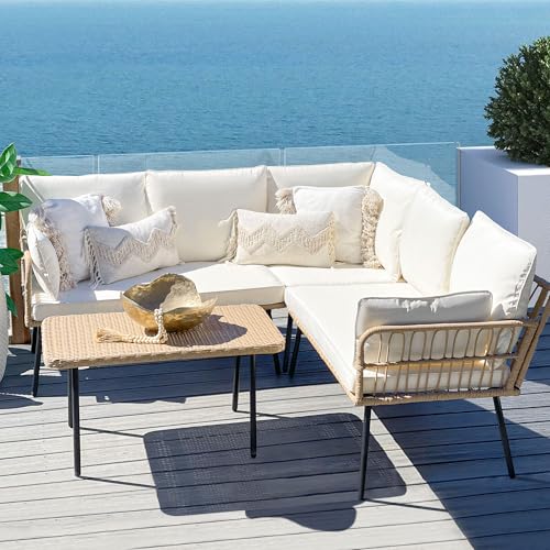 YITAHOME 4 Pieces Patio Furniture Set with 5 Seater Outdoor Sectional with Thickness Cushions and Side Table Boho Patio Conversation Set Outdoor Furni