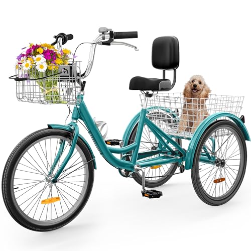 YITAHOME 7 Speed Adult Tricycle, 24 & 26 Inch 3 Wheel Bikes, Trike Bike for Adults with Removable Baskets, Cruiser Bike for Seniors Women Men Shopping