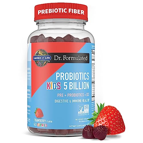 Garden of Life Dr Formulated 5 Billion CFU Prebiotic Fiber, Probiotic and Vitamin D3 Gummies for Kids Digestive & Immune Health – Gluten Free, Non G