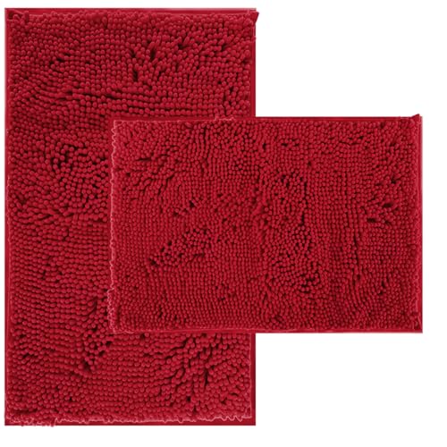 Bathroom Rugs, Chenille Bath Mat, Non-Slip, Machine Washable Bath Rugs - Ultra Soft Bath Mats, Dries Quickly, Bathroom Rug Set of 2 Red Batroom Mats S