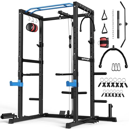 Sportsroyals Power Rack, Multi-Functional Power Cage with LAT Pulldown Pulley System, Squat Rack with More Training Attachments for Home Gym (Blue)，