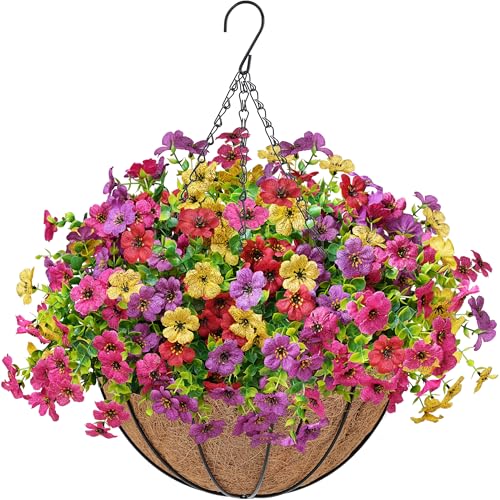 Der Rose Artificial Hanging Flowers Basket for Outdoors Fake Hanging Plants Spring Summer Decoration UV Resistant for Garden Front Porch Patio Balcony