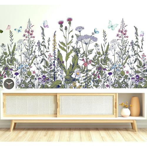 Purple Flowers Wall Decals Peel and Stick, Large Floral Butterflies Vinyl Wall Stickers, Removable Home Decor Art for Bedroom Living Room Classroom Of