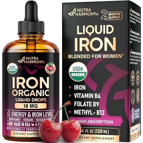 Liquid Iron Supplement for Women 18 mg - USDA Organic Drops, USA-Made - with Folate, Vitamin B12 & B6 - Iron Level & Energy - Gentle & High Absorption