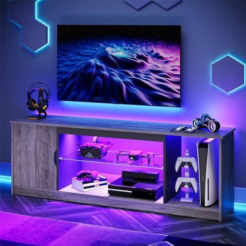 Bestier LED TV Stand for PS5,Modern Gaming Entertainment Center with Cabinet for 60-65 Inch TV, TV Console with Adjustable Glass Shelf for Living Room