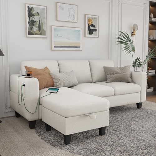 Sectional Sofa and Couches for Living Room - 78'' Beige USB+Type C Ports and 2 Cup Holders & Movable Ottoman, Convertible Sectionals Sofas with Chaise