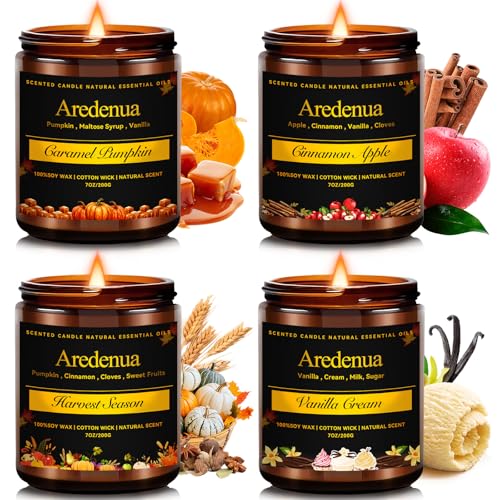 Fall Candles Set | 4 Pack Autumn Scented Candles - Fall Candle Gifts for Women Men, Soy Candles for Home Scented - Autumn Scent of - Pumpkin-Cinnamon
