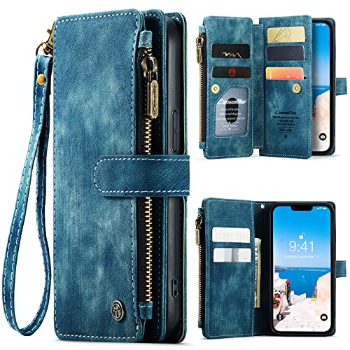 for iPhone 15 Pro Wallet Case with 7 Card Holder Slots Magnetic Zipper Pocket Pouch Flip KicStand Durable Premium Leather PU with Lanyard Strap Wristl