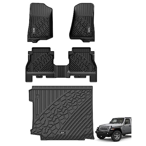 3W Floor Mats&Cargo Liner Compatible for Jeep Wrangler JL 2018-2024 2025 Unlimited 4-Door with Subwoofer (Non JK or 4XE) All-Weather TPE Floor Liner f