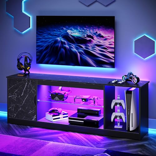 Bestier LED TV Stand for 55-60-65 Inch TV, Gaming Entertainment Center with Cabinet for PS5, Xbox,Modern TV Cabinet with Adjustable Glass Shelves for