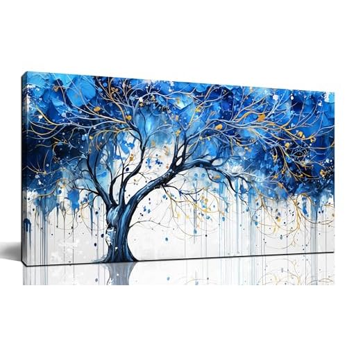 CGXART Tree Pictures Wall Decor for Living Room - Modern Blue Wall Art for Bedroom Home Office Decor Size 20" x 40" 40"L x 20"W Blue 3
