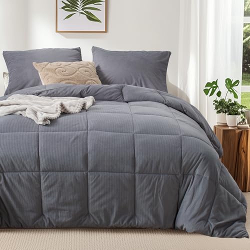 KASENTEX King Size Corduroy Comforter Set, 3 Pieces Fluffy Down Alternative Warm Duvet Insert with Soft Brushed Microfiber Reverse, Cozy Bedding Sets