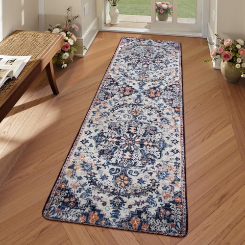 Lahome 2x6 Blue Washable Hallway Runner Rug, Bohemian Floral Medallion Kitchen Carpet Runner, Soft Non Skid Floor Runners for Bathroom Bedroom Vanity