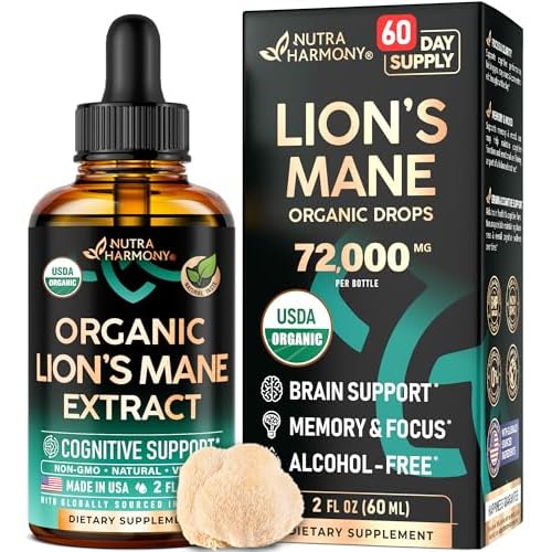 Lions Mane Liquid - USDA Certified Organic Lions Mane Supplement - Brain Support, Energy, Memory & Focus - Sugar & Alcohol-Free Lion's Mane Mushroom E