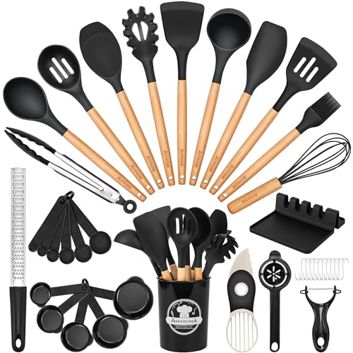 Astercook Kitchen Utensils Set, 39 PCS Silicone Cooking Utensils Set with Wooden Handle, 446°F Heat Resistant Food Grade Utensil Sets, BPA Free Kitch