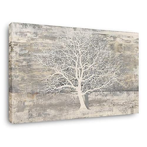 Yihui Arts Tree Of Life Canvas Wall Art Hand Painted Grey White Beige Paintings Modern Abstract Forest Pictures Artwork for Living Room Bedroom Office
