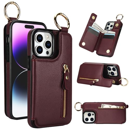for iPhone 14 Pro Max Wallet Case with Zipper and Credit Card Holder, Cash Slot, PU Leather Magnetic Clasp Kickstand Heavy Duty Ring Protective Cover.