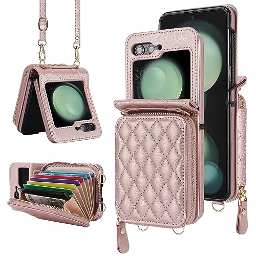 for Samsung Galaxy Z Flip 5 Zipper Wallet Case with Accordion Card Holder, 8 Card Slots Large Capacity and Multiple Style Lanyards.(Rosegold)