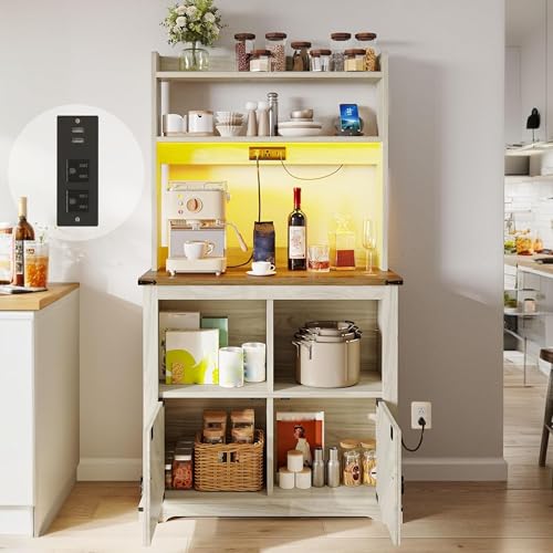 YITAHOME Bakers Rack Cabinet, Microwave Stand with Power Outlet & RGB LED Lights, Farmhouse Coffee Bar Station with Storage, 5-Tier Kitchen Pantry Hut