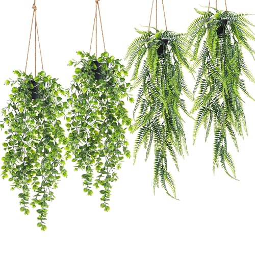 Der Rose 4 Pack Fake Hanging Plants Artificial Decor Faux Plants Indoor in Black Pots for Home Bedroom Living Room Decor