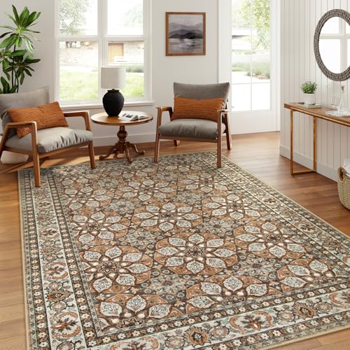 Lahome 6x9 Washable Living Room Area Rug,Soft Brown 6x9 Rug for Bedroom Non-Slip Dining Room Rug,Mandala Vintage Oriental Large Low Pile Carpet for In
