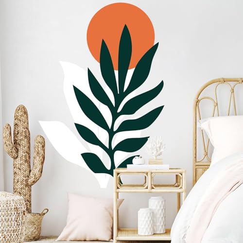 Boho Sun Leaf Wall Decals Peel and Stick, Large Botanical Leaves Vinyl Wall Stickers, Removable Home Decor Art for Bedroom Living Room Classroom Offic