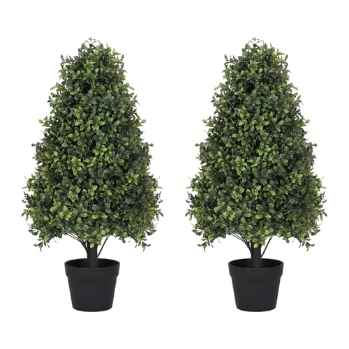 30" Boxwood Topiary Trees Artificial Outdoor Set of 2, UV Resistant Faux Plants for Front Porch Planters, Realistic Cone-Shaped Fake Bushes & Shrubs,