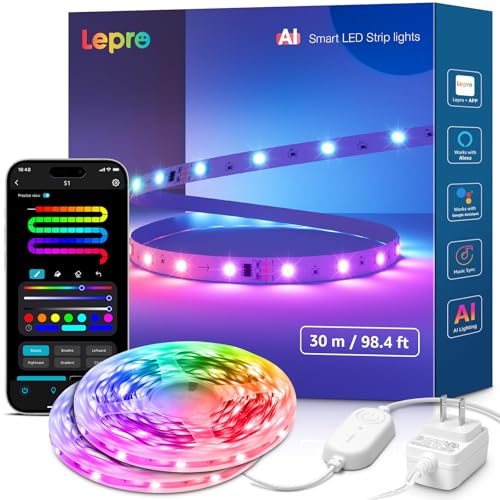 Lepro S1 AI LED Strip Lights for Bedroom - 100ft(2 Rolls of 50ft) Smart RGB Light Strips with IC and Rainbow Chasing Effects, Personalized Al Lighting