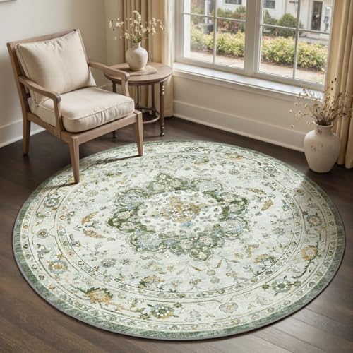 PADOOR-Vintage 6FT Round Rug-Rugs for Living Room-Soft Green Circle Rug-Machine Washable Rugs for Bedroom-Non Slip Carpet-Rug for Dining Room Living R