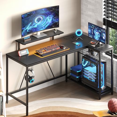 Bestier 58 L Shaped Gaming Desk with LED Lights & Power Outlets,Reversible Home Office Corner Desk with Shelves,Larger PC Workstation with Hooks for S
