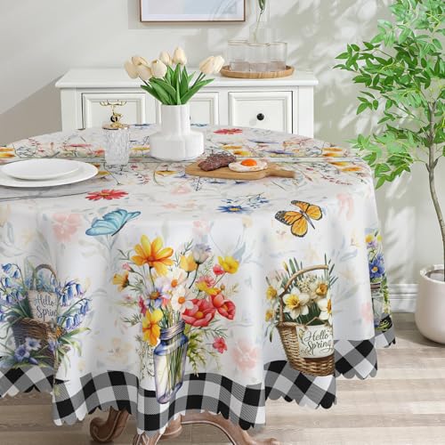 Spring Round Tablecloth 70 inches - Flower Vase Spring Decorations for Home -Blooming Flower Spring Table Cloth Spring Decor for Home, Table, Party 60